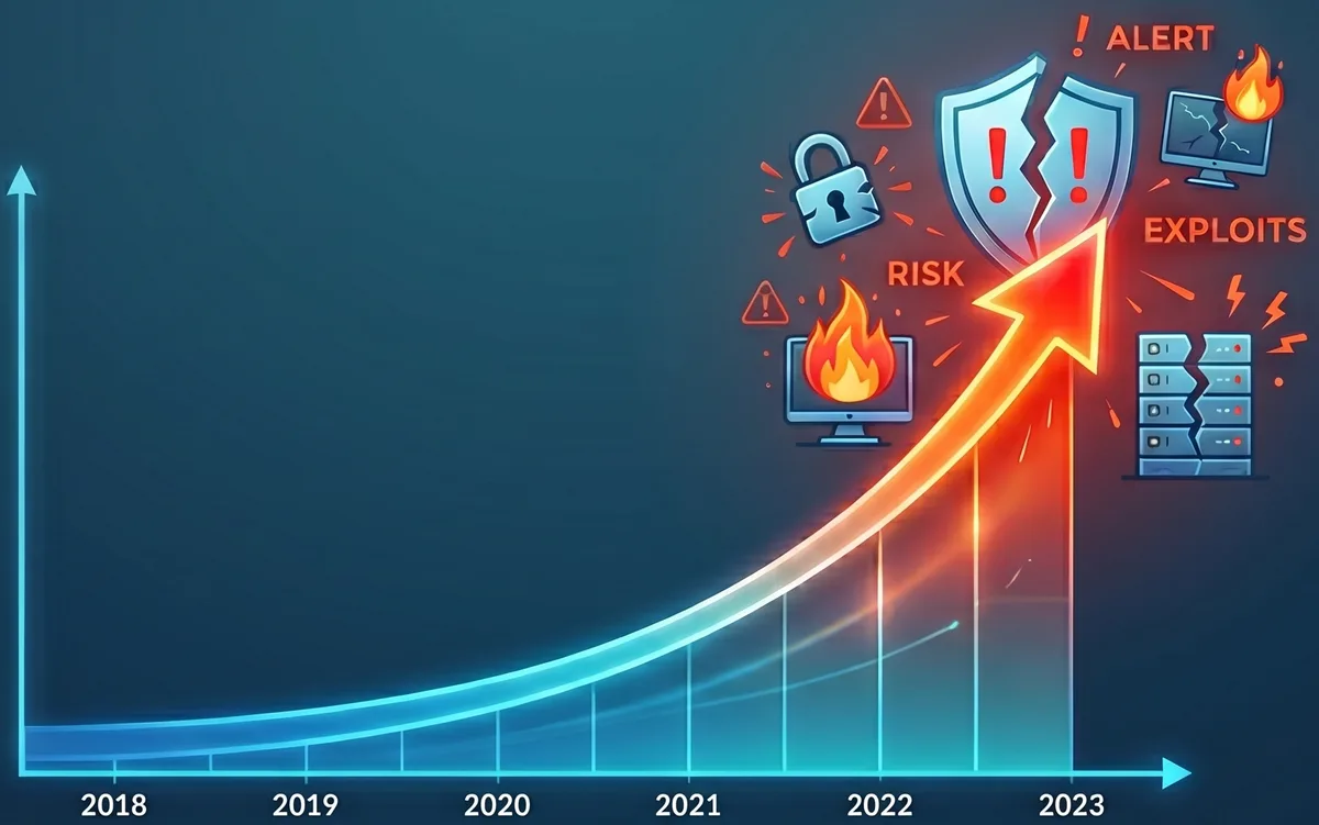 Exponential chart of rising CVE volume from 2018 to 2023: a blue curve turning into a fiery red arrow surrounded by cracked-shield, padlock, burning-screen and exploit icons.