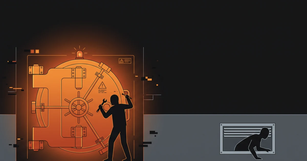 Illustration: two intruders enter the same building. One forces a lit, alarmed armoured vault door; the other slips silently through a small grey air vent.