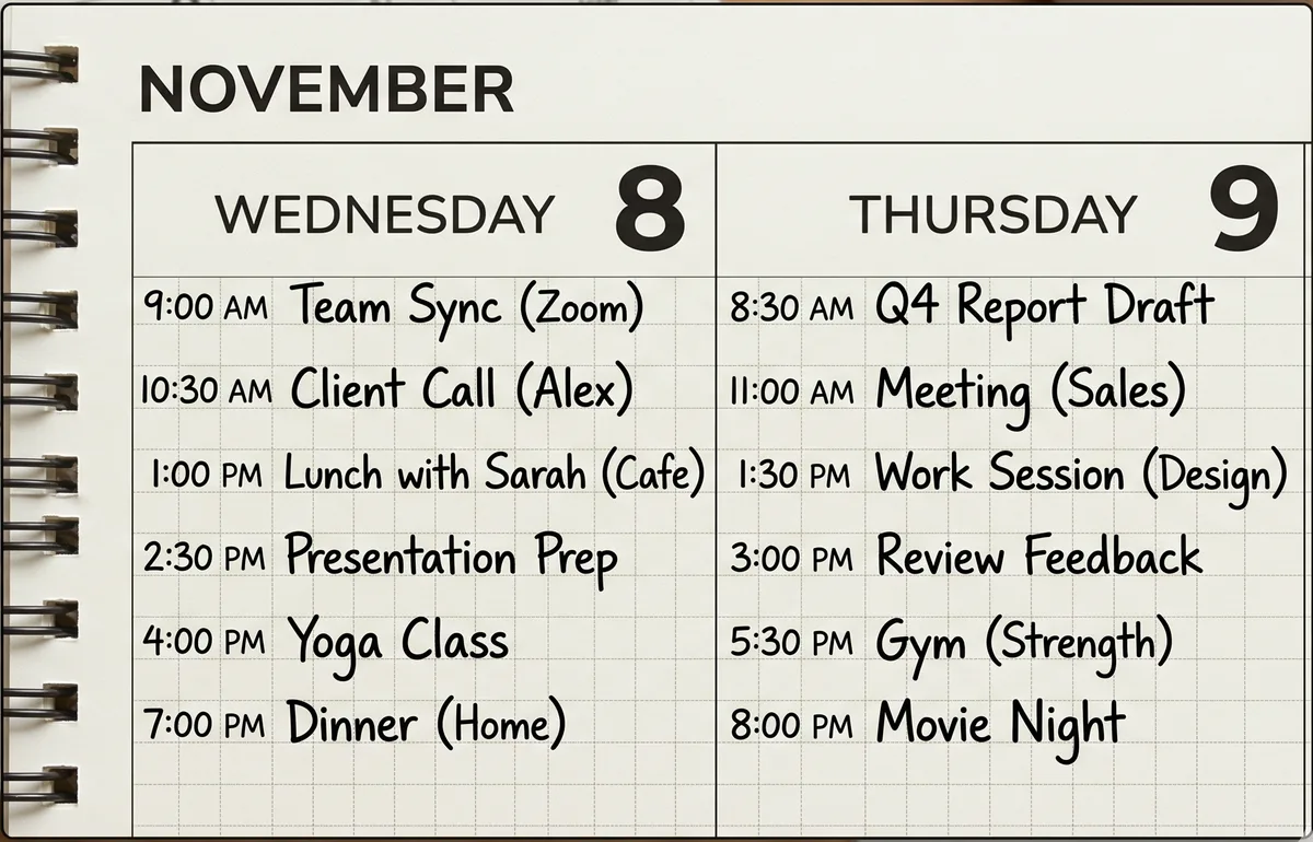 Spiral-bound paper planner open to a two-day spread, Wednesday the 8th and Thursday the 9th, filled with handwritten meetings and appointments.