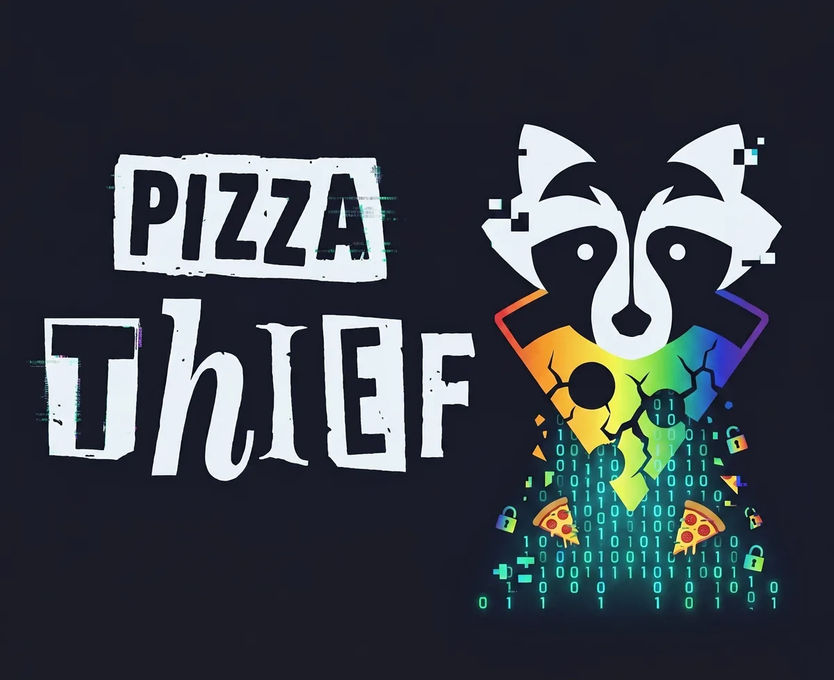 Parody branded-vulnerability artwork for 'Pizza Thief': a glitched raccoon mascot above a cracked pizza-slice logo, with padlocks and raining binary code.