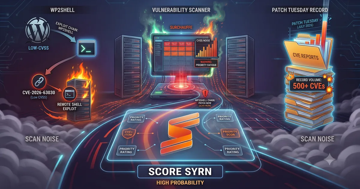 Illustration contrasting a vulnerability scanner with SYRN: on one side a long list of critical CVEs, on the other a short prioritized list.