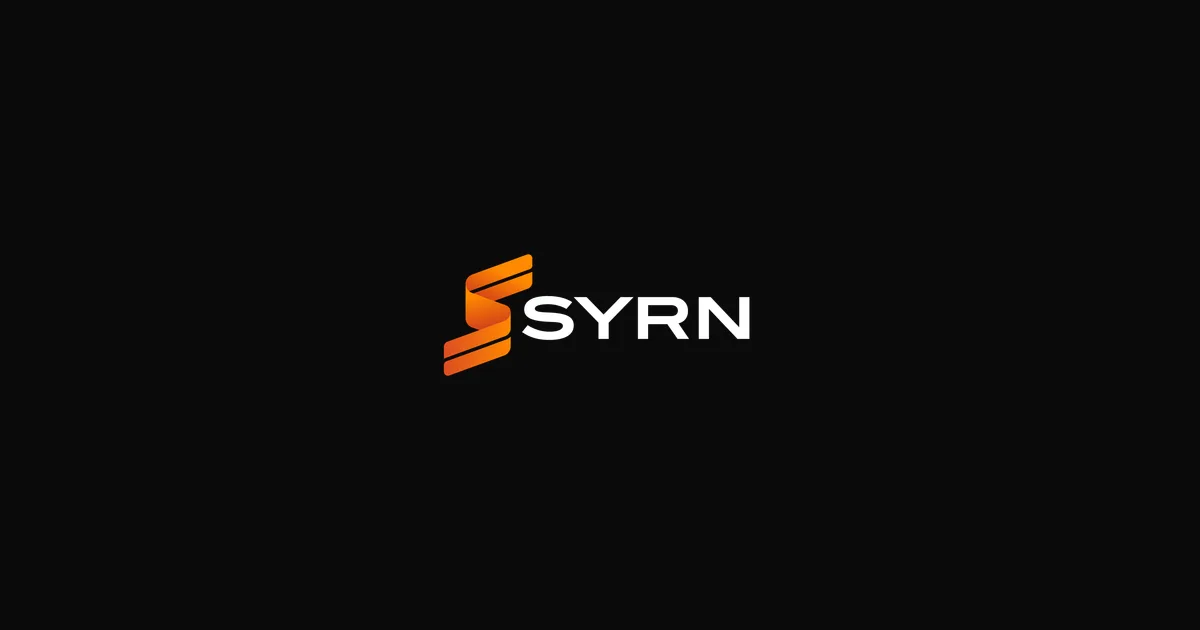 SYRN logo: an orange ribbon-style S mark beside the white SYRN wordmark, centered on a black background.