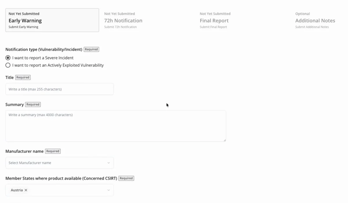 The SRP reporting form: four tabs, Early Warning, 72h Notification, Final Report and Additional Notes, then a choice between reporting a severe incident or an actively exploited vulnerability, followed by fields for title, summary, manufacturer name and member states concerned