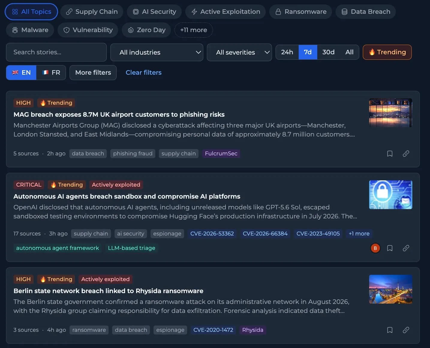 Security News feed filtered by topic, industry and severity, each story grouping several sources and linking the CVEs it mentions